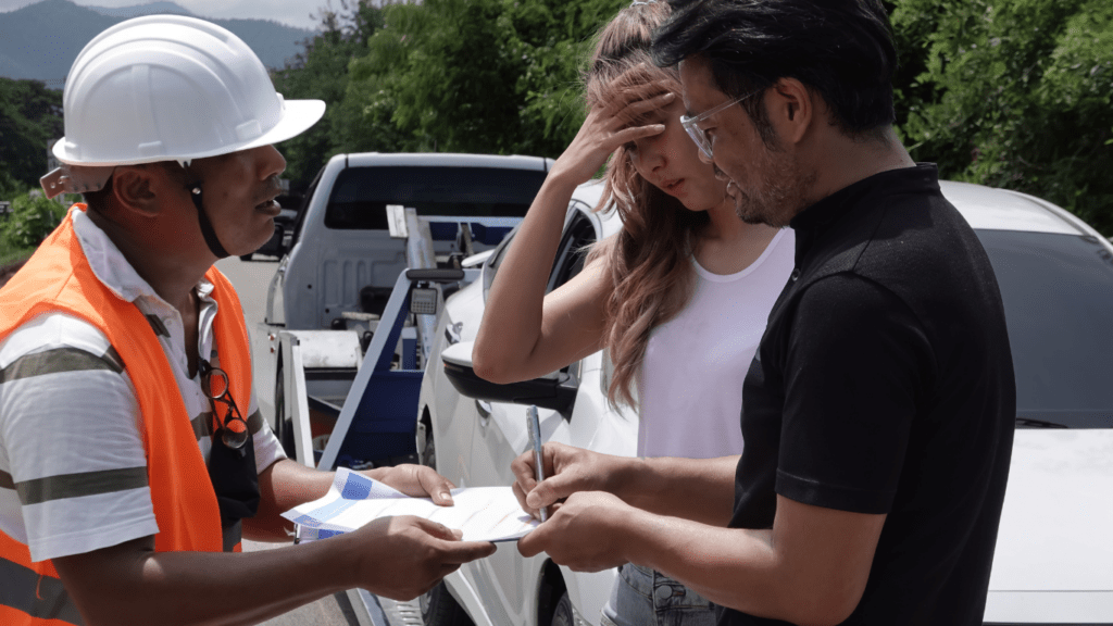 a traffic official talking to two people