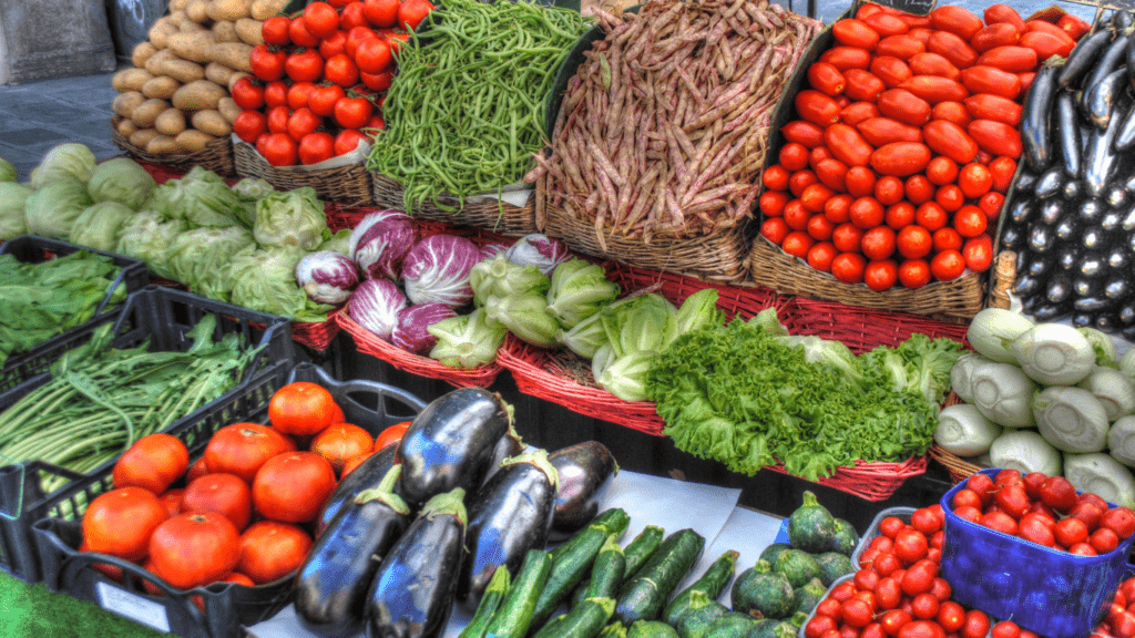 baskets of different fam vegetables